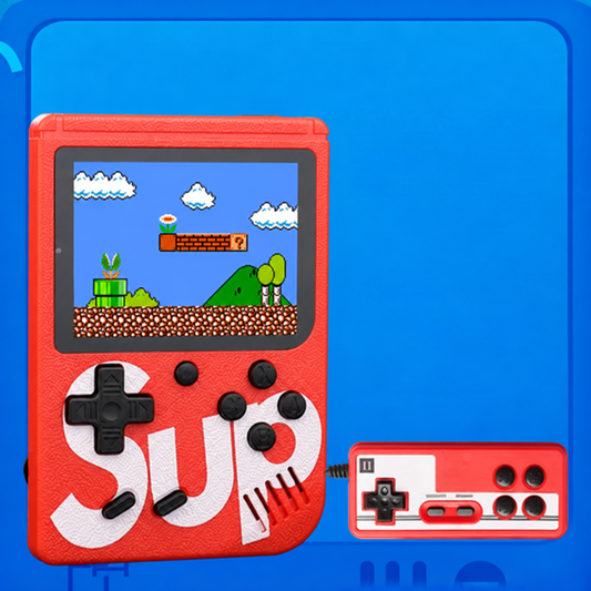 Red retro handheld game console, illustrative supplier-based image