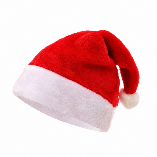 Red and white plush Santa hat, illustrative supplier-based image