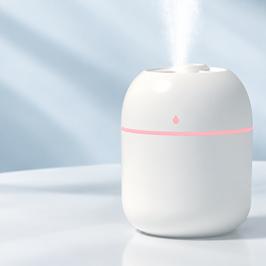 White mini USB humidifier with mist, illustrative supplier-based image