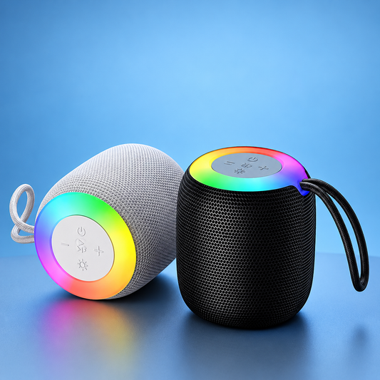 Bluetooth speaker and color light on a dry tabletop, illustrative supplier-based image